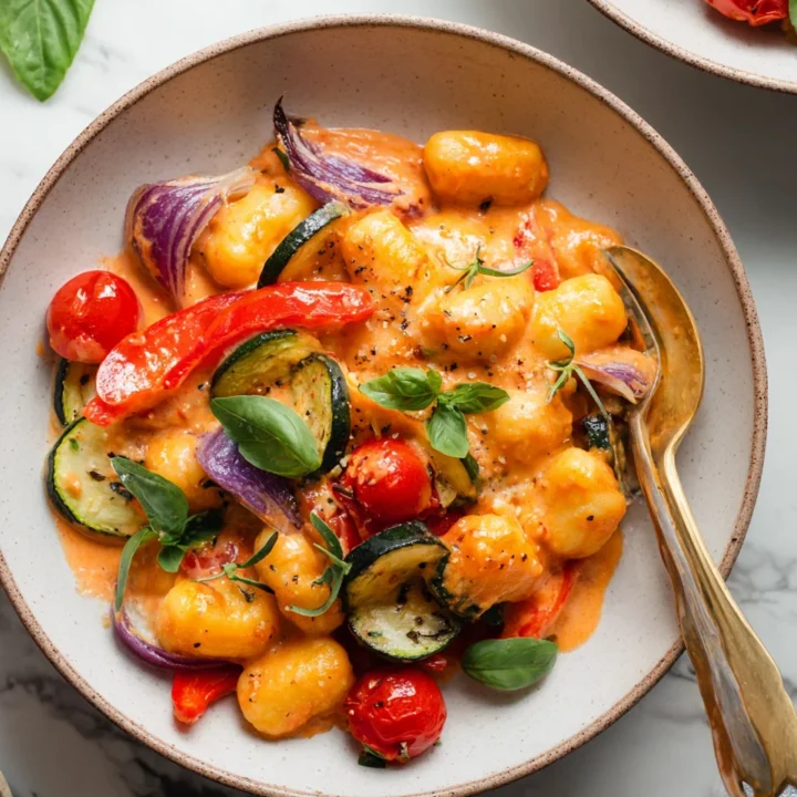 Creamy Tomato Mascarpone Gnocchi garnished with roasted vegetables, perfect for autumn dinners and holiday feasts in 45 minutes.