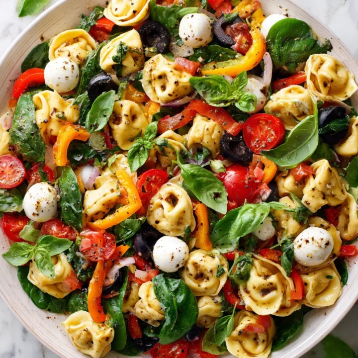 Colorful tortellini pasta salad with fresh veggies and zesty dressing, perfect for holiday gatherings and vibrant meals.
