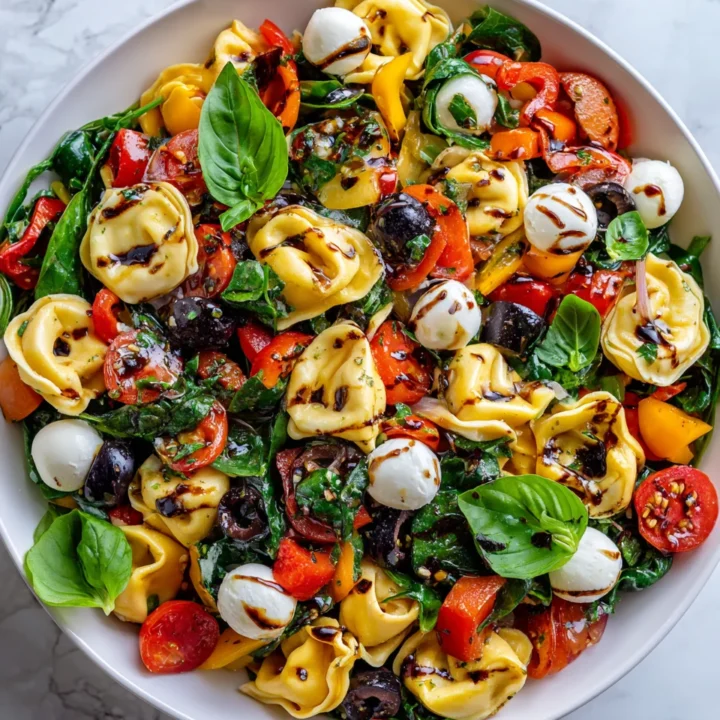 Colorful tortellini pasta salad with fresh veggies and zesty dressing, perfect for holiday gatherings and vibrant meals.