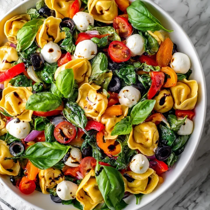 Colorful tortellini pasta salad with fresh veggies and zesty dressing, perfect for holiday gatherings and vibrant meals.
