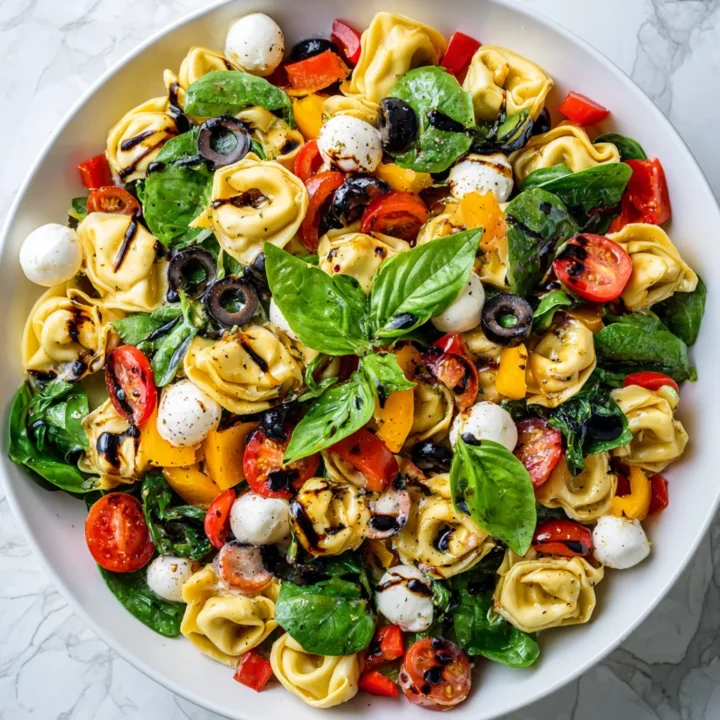 Colorful tortellini pasta salad with fresh veggies and zesty dressing, perfect for holiday gatherings and vibrant meals.