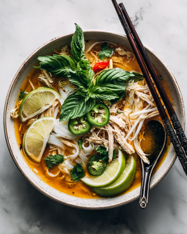 Delicious Vietnamese chicken pho with fresh herbs and aromatic broth