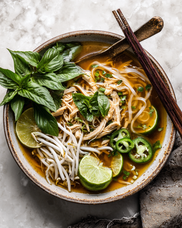 Delicious Vietnamese chicken pho with fresh herbs and aromatic broth