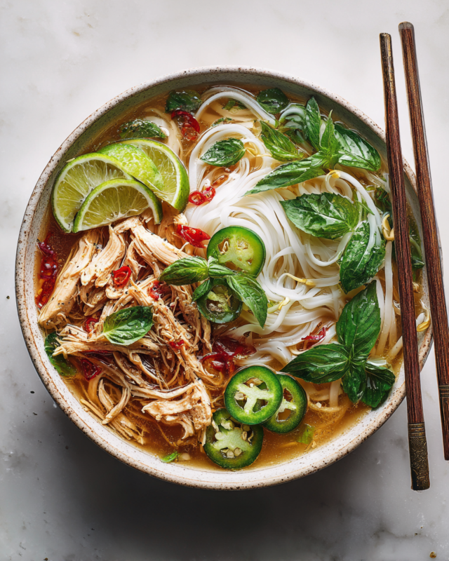 Delicious Vietnamese chicken pho with fresh herbs and aromatic broth