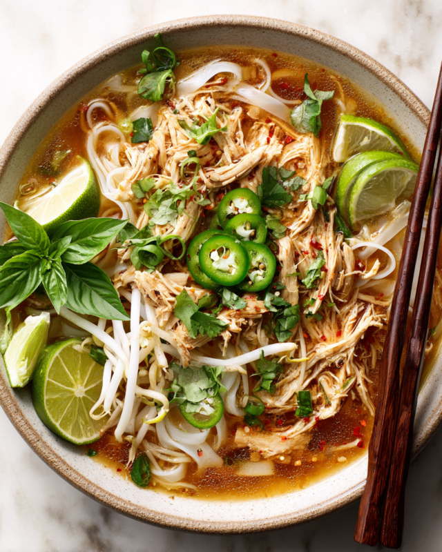 Delicious Vietnamese chicken pho with fresh herbs and aromatic broth
