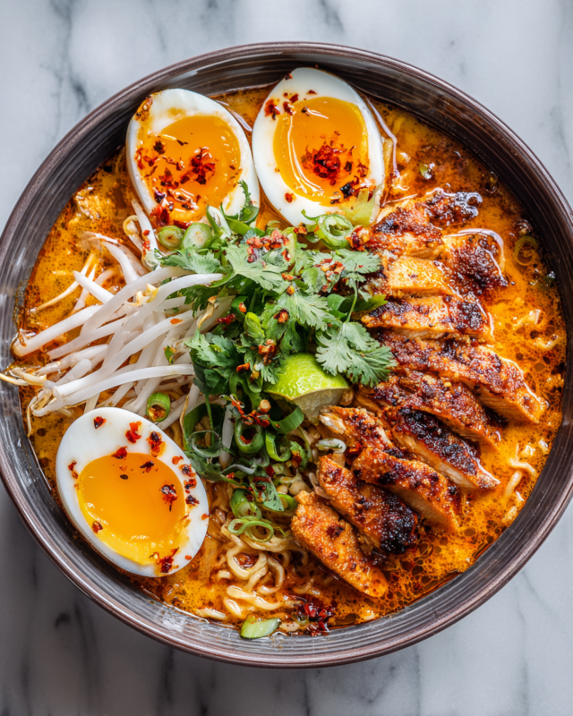 A steaming bowl of Wagamama's Chicken Ramen with Chilli Chicken topped with spring onions and soft-boiled eggs, perfect for cozy meals.