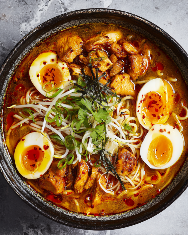 A steaming bowl of Wagamama's Chicken Ramen with Chilli Chicken topped with spring onions and soft-boiled eggs, perfect for cozy meals.