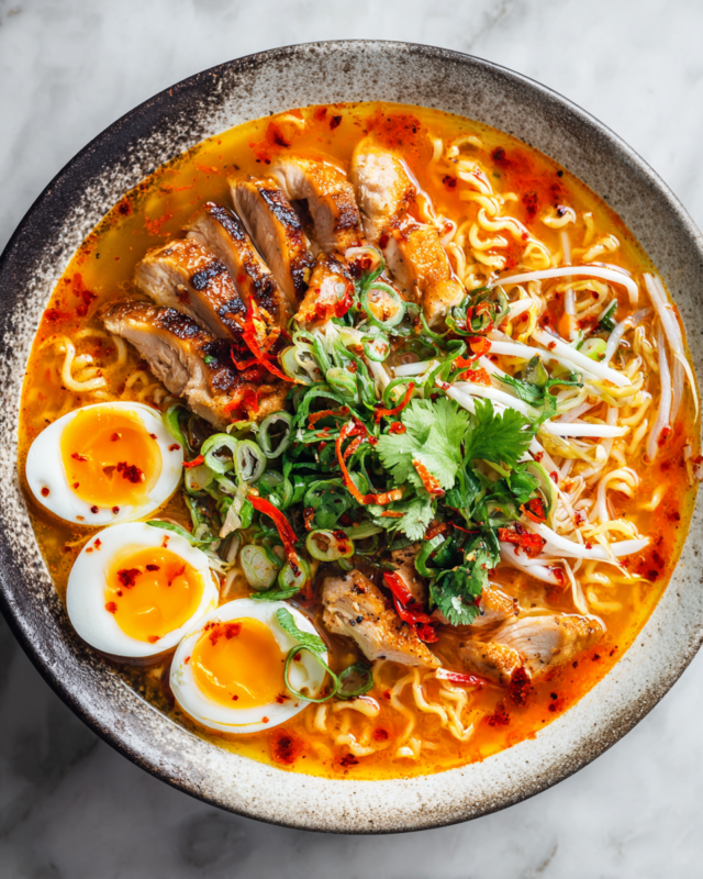 A steaming bowl of Wagamama's Chicken Ramen with Chilli Chicken topped with spring onions and soft-boiled eggs, perfect for cozy meals.