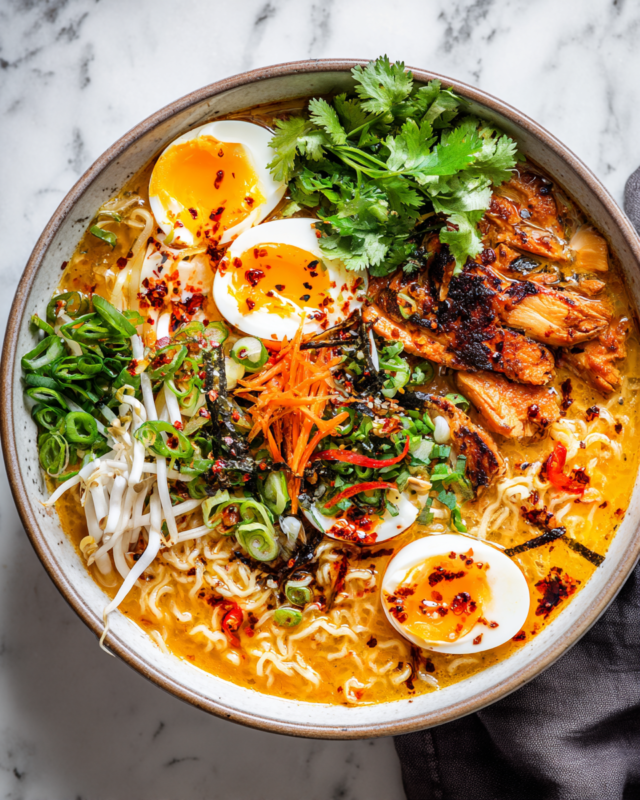 A steaming bowl of Wagamama's Chicken Ramen with Chilli Chicken topped with spring onions and soft-boiled eggs, perfect for cozy meals.