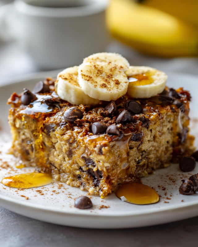 Delicious chocolate chip baked oats featuring rolled oats, ripe bananas, and dark chocolate, perfect for breakfast or brunch.