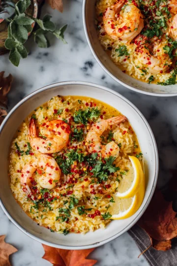 Comforting One-Pot Prawn Rice for Quick Dinners One-Pot Prawn Rice served with lemon and herbs, comforting autumn dish, quick recipe for festive meals, easy comfort food, seafood rice dish