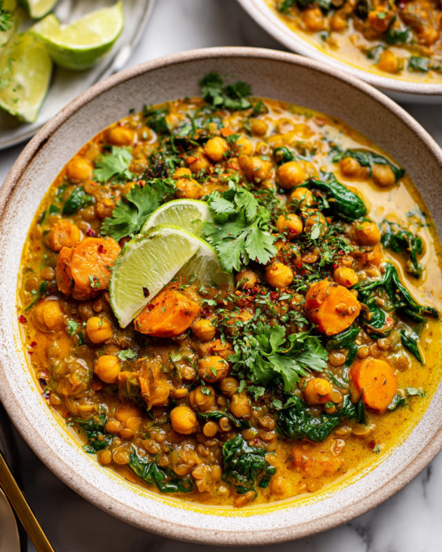 Bowl of comforting lentil and chickpea curry with spices and coconut milk, perfect for autumn meals.