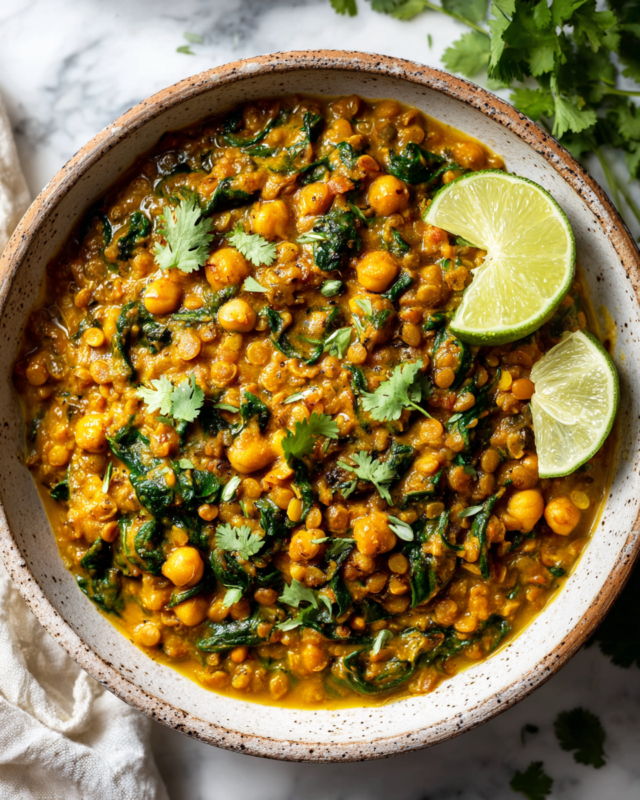 Comforting Lentil and Chickpea Curry for Autumn Bowl of comforting lentil and chickpea curry with spices and coconut milk, perfect for autumn meals.