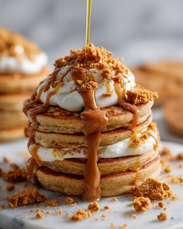 Delicious mini pancakes drizzled with Biscoff spread and maple syrup, a perfect fall treat.