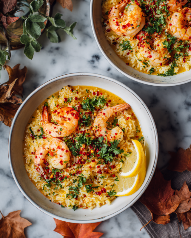 One-Pot Prawn Rice served with lemon and herbs, comforting autumn dish, quick recipe for festive meals, easy comfort food, seafood rice dish