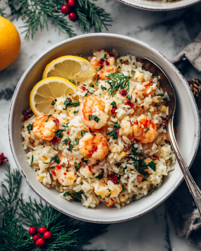 One-Pot Prawn Rice served with lemon and herbs, comforting autumn dish, quick recipe for festive meals, easy comfort food, seafood rice dish