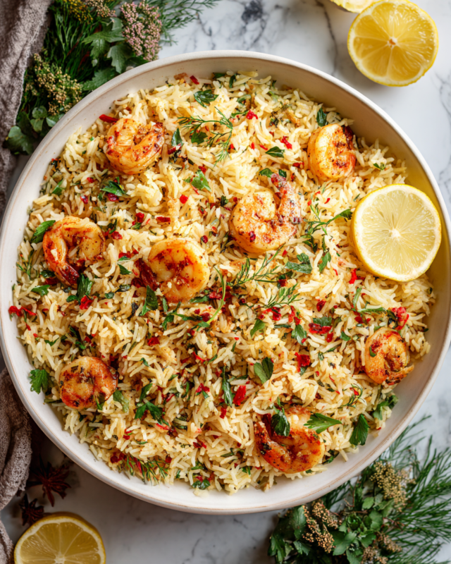 One-Pot Prawn Rice served with lemon and herbs, comforting autumn dish, quick recipe for festive meals, easy comfort food, seafood rice dish